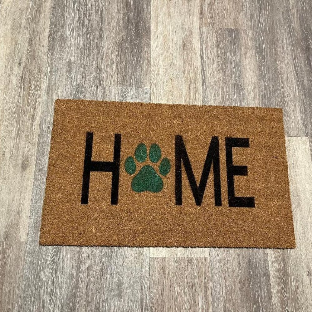 HOME with green dog paw decorative coir doormat